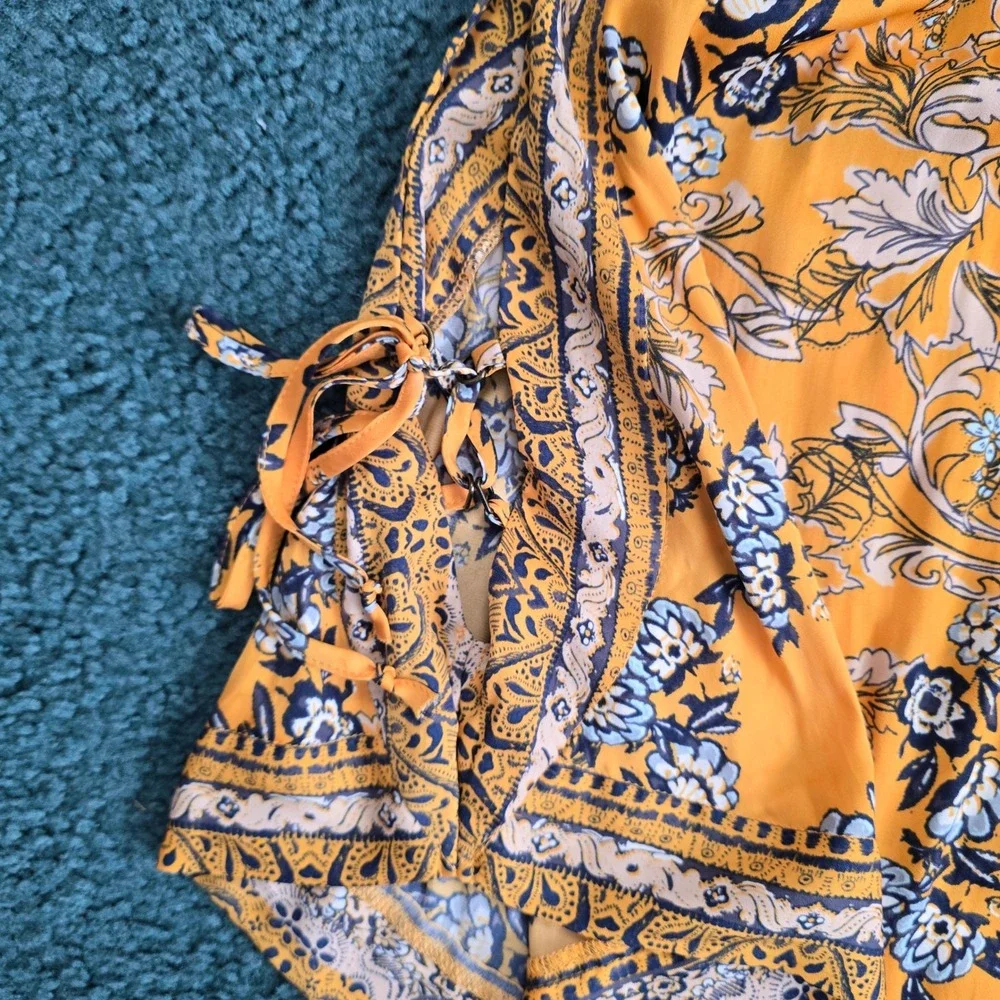 Free People Small Yellow Floral Paisley Handkerchief‎ Hem Halter Top Side Ties